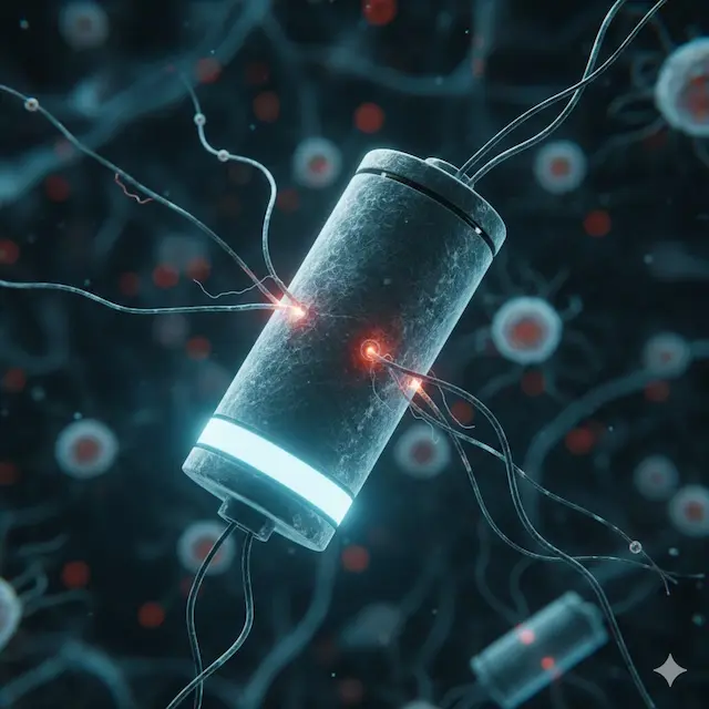Reprezentare grafică a unei baterii biologice conectate la neuroni ilustrând producția de energie celulară și oboseala cronică.