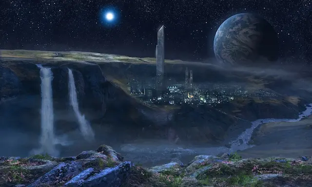 Oraș futurist și bază spațială construită pe fața nevăzută a lunii lângă o cascadă