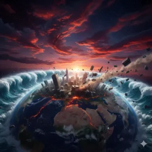 Ilustrație apocaliptică cu tsunami gigantice și distrugeri globale cauzate de oprirea pentru rotația planetei.