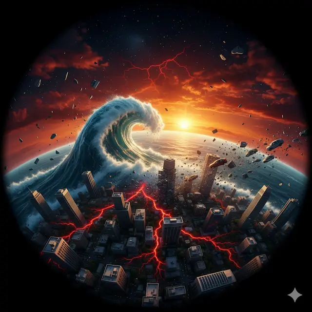 Viziune apocaliptică a unui tsunami gigantic și a fisurilor tectonice provocate de oprirea bruscă pentru rotația planetei.