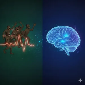 Evoluția limbajului de la gesturi primitive la complexitatea creierului uman modern.