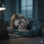 Femeie epuizată stând la laptop cu elemente grafice de neuroni, ilustrând starea de oboseală cronică și ceață mentală.