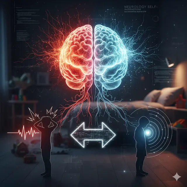 Diagramă conceptuală despre mecanismele neurologice și autoagresivitatea în sistemul nervos.