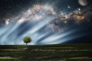 Compoziție digitală cu un cer ireal și un copac, sugerând importanța simbolică a Stelei Polare ca punct fix în univers.