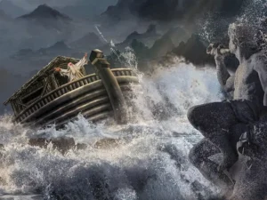 Reprezentare artistică a Potopului lui Noe și inundarea bazinului Mării Negre prin strâmtoarea Bosfor.