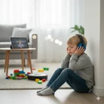 Copil purtând căști antifonice pentru a preveni suprasolicitarea senzorială și autoagresivitatea.