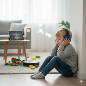 Copil purtând căști antifonice pentru a preveni suprasolicitarea senzorială și autoagresivitatea.